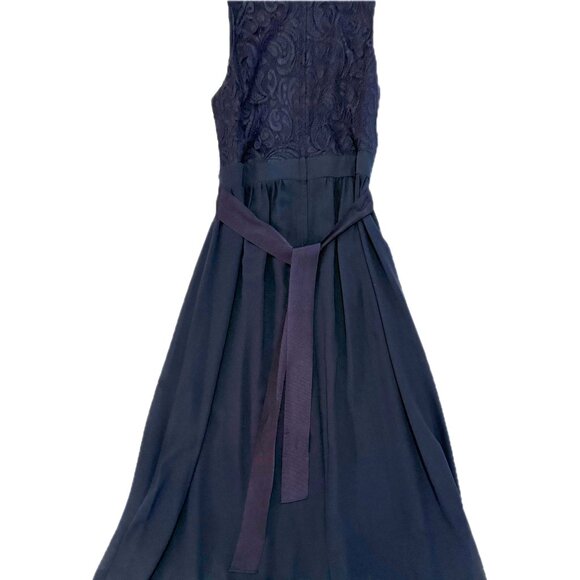 Belle Badgley Mischka Navy Lace & Chiffon Gown Beaded Waist Satin tie size 10 - Picture 6 of 11
